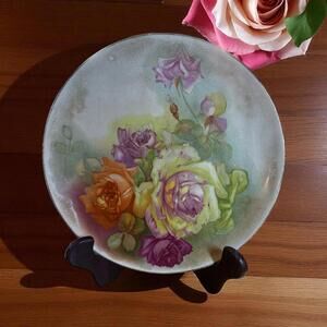 Dresden China Porcelain Plate with Colorful Roses 9.5" Distressed Crazing EUC